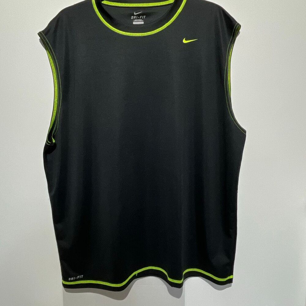 Nike Mens Black Neon Green Trim Logo Dri-FIT Sleeveless Muscle Tank Top Size 2XL